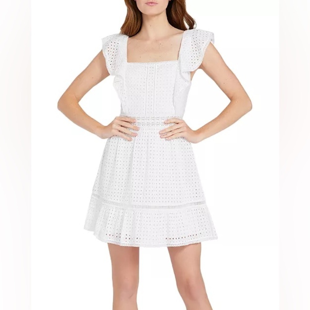 Alice + Olivia Remada White Eyelet Ruffle Cotton Mini Dress Sz 2 square neck
